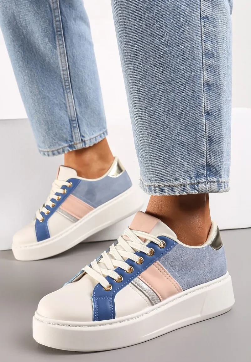 Biało-Niebieskie Buty Sneakersy ze Złotymi Aplikacjami na Grubej Podeszwie z Ozdobną Wstawką Bordea