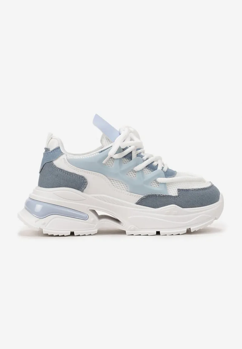 Biało-Niebieskie Sneakersy Ozdobnie Sznurowane z Wycięciami na Grubej Podeszwie Selvia
