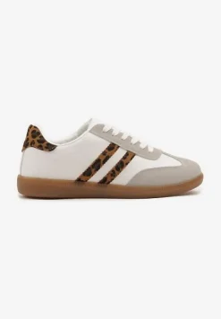 Biało-Panterkowe Sneakersy Typu Kultowe Tenisówki Zdobione Przeszyciami Remiana
