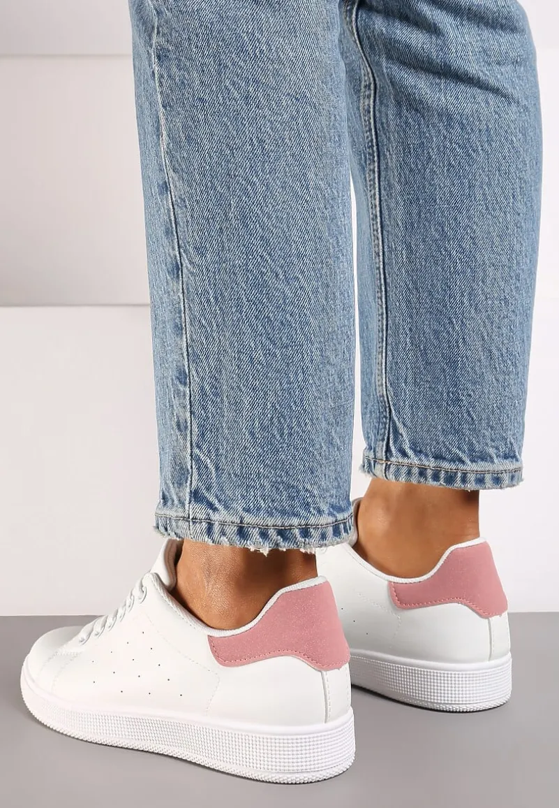 Biało-Różowe Casualowe Sneakersy na Płaskiej Podeszwie Aniefra