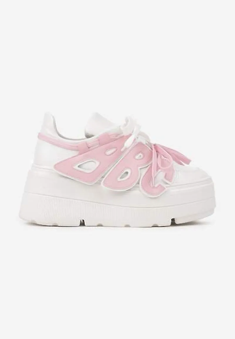 Biało-Różowe Sneakersy Vices na Płaskiej Podeszwie z Geometryczną Aplikacją Nelenith