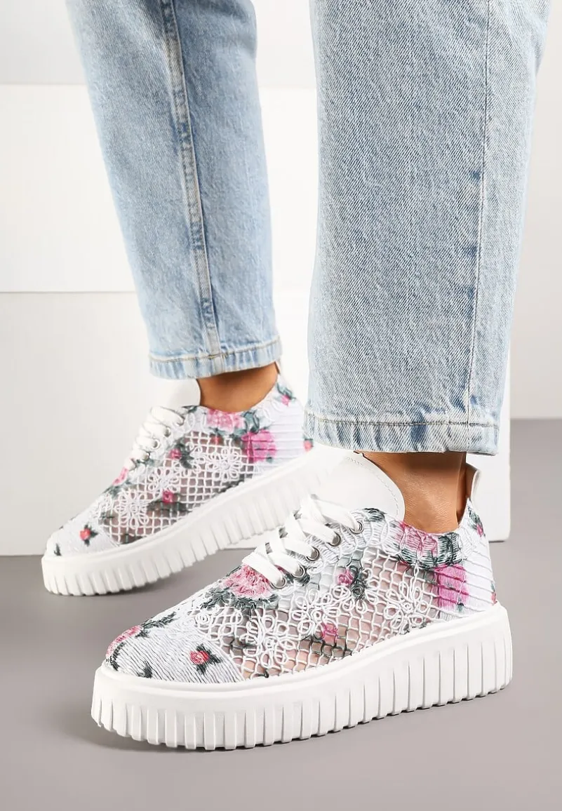 Biało-Różowe Sneakersy Vices na Platformie z Ażurową Cholewką Lumerise