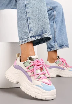 Biało-Różowe Sneakersy z Grubymi Sznurówkami na Niskiej Platformie Lasandre