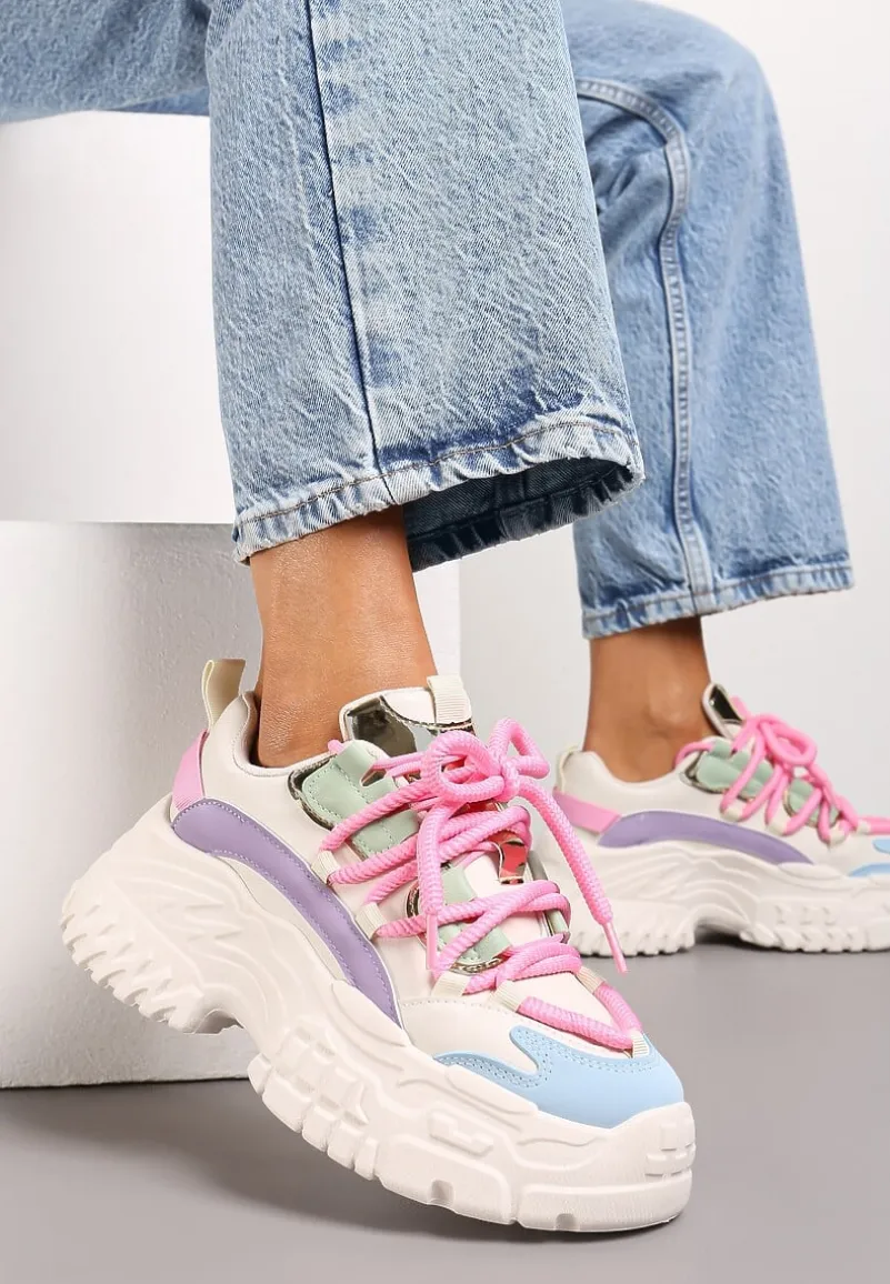 Biało-Różowe Sneakersy z Grubymi Sznurówkami na Niskiej Platformie Lasandre