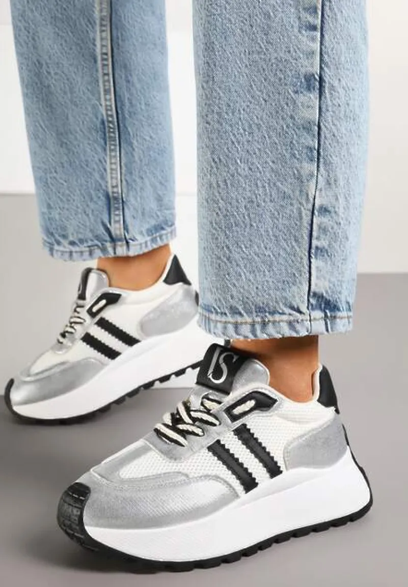 Biało-Srebrne Sneakersy Vices na Platformie z Metalicznymi Paskami Lenela