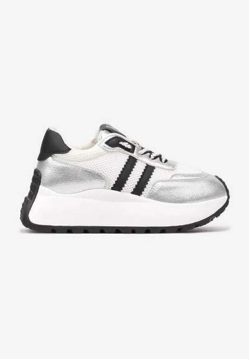 Biało-Srebrne Sneakersy Vices na Platformie z Metalicznymi Paskami Lenela
