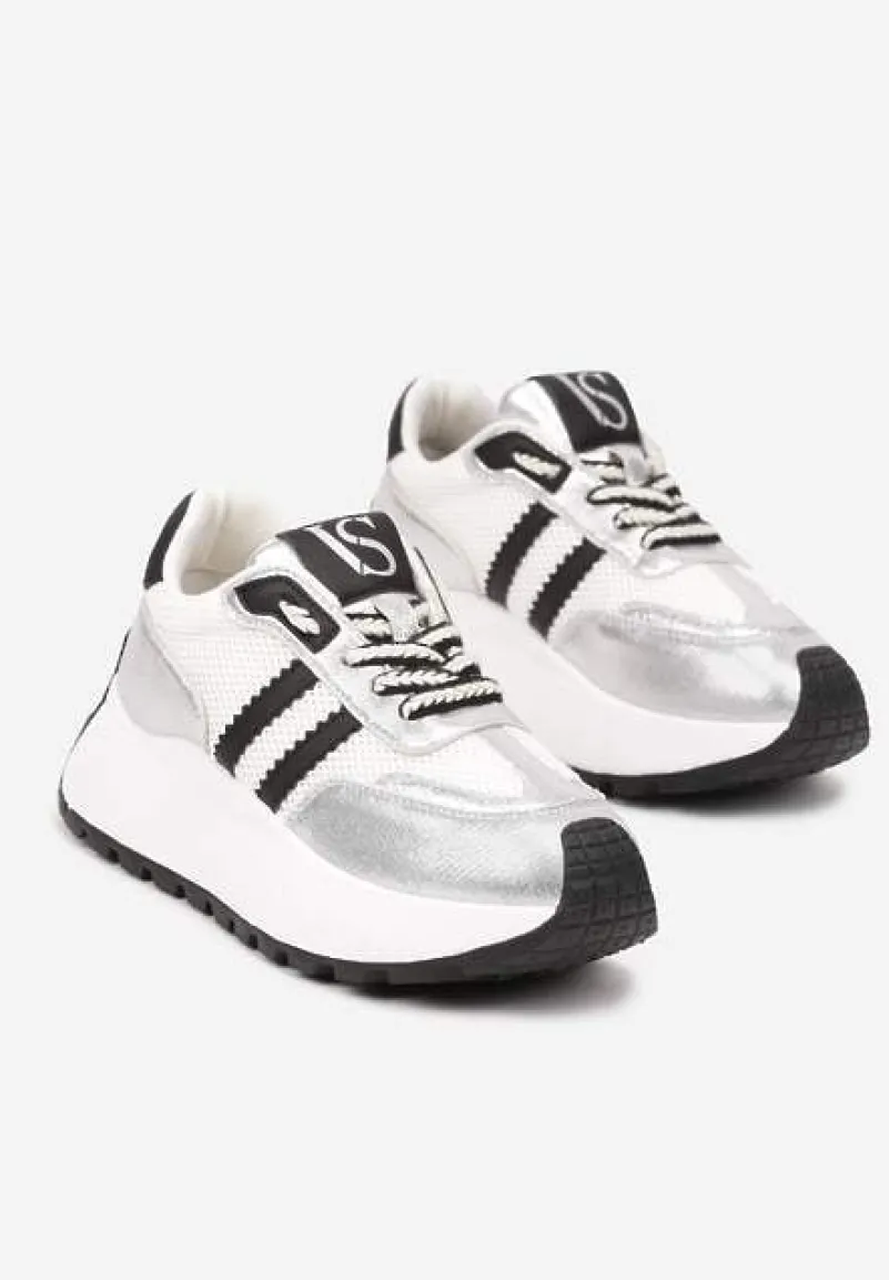 Biało-Srebrne Sneakersy Vices na Platformie z Metalicznymi Paskami Lenela