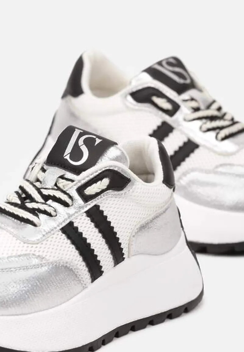 Biało-Srebrne Sneakersy Vices na Platformie z Metalicznymi Paskami Lenela