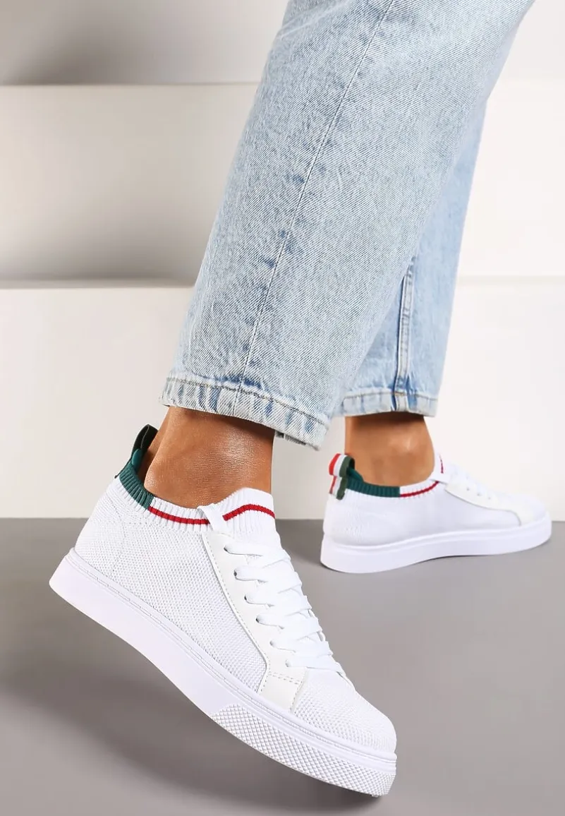 Biało-Zielone Płaskie Sneakersy Wsuwane z Imitacji Skóry ze Sznurowaniami Gaxia