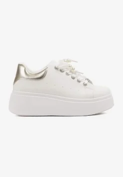 Biało-Złote Sneakersy na Platformie z Ozdobnymi Cyrkoniami Aviriel