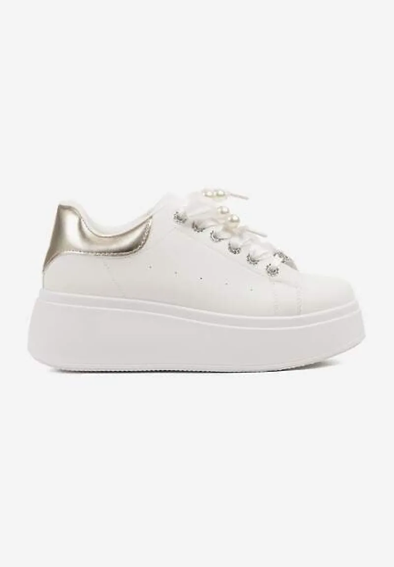 Biało-Złote Sneakersy na Platformie z Ozdobnymi Cyrkoniami Aviriel
