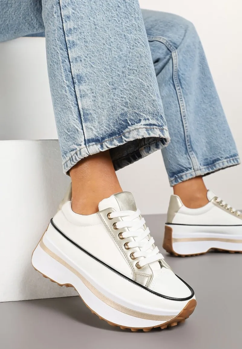 Biało-Złote Sneakersy na Tłoczonej Platformie w Streetwearowym Stylu Hanerith