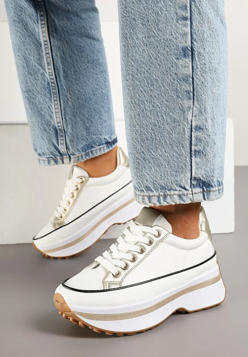 Biało-Złote Sneakersy na Tłoczonej Platformie w Streetwearowym Stylu Hanerith