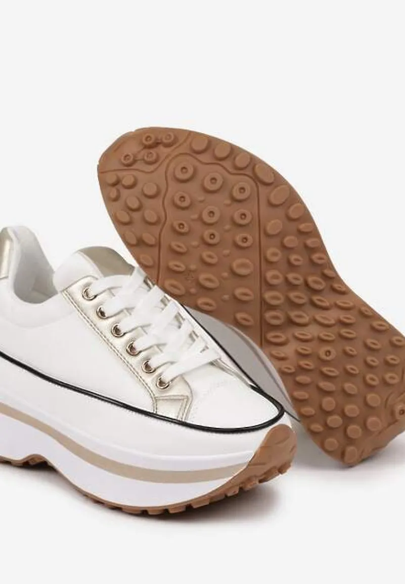 Biało-Złote Sneakersy na Tłoczonej Platformie w Streetwearowym Stylu Hanerith