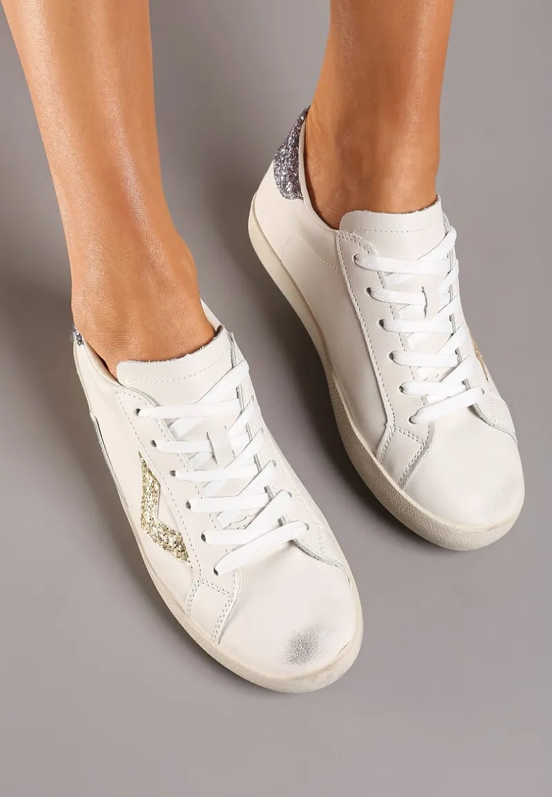 Biało-Złote Sneakersy Sznurowane z Cholewką przed Kostkę z Brokatem Toneri