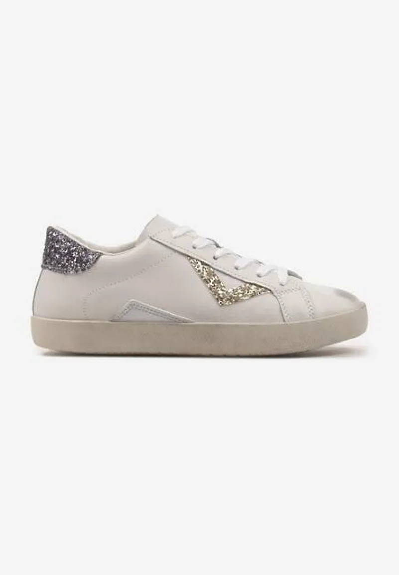 Biało-Złote Sneakersy Sznurowane z Cholewką przed Kostkę z Brokatem Toneri