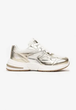Biało-Złote Sneakersy ze Wstawkami z Ekoskóry na Grubej Podeszwie Elperna