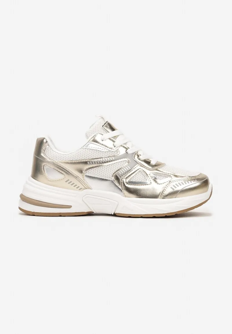 Biało-Złote Sneakersy ze Wstawkami z Ekoskóry na Grubej Podeszwie Elperna