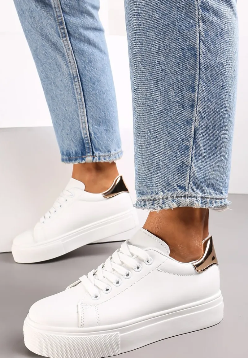 Biało-Złote Sznurowane Sneakersy z Cholewką przed Kostkę Narelina