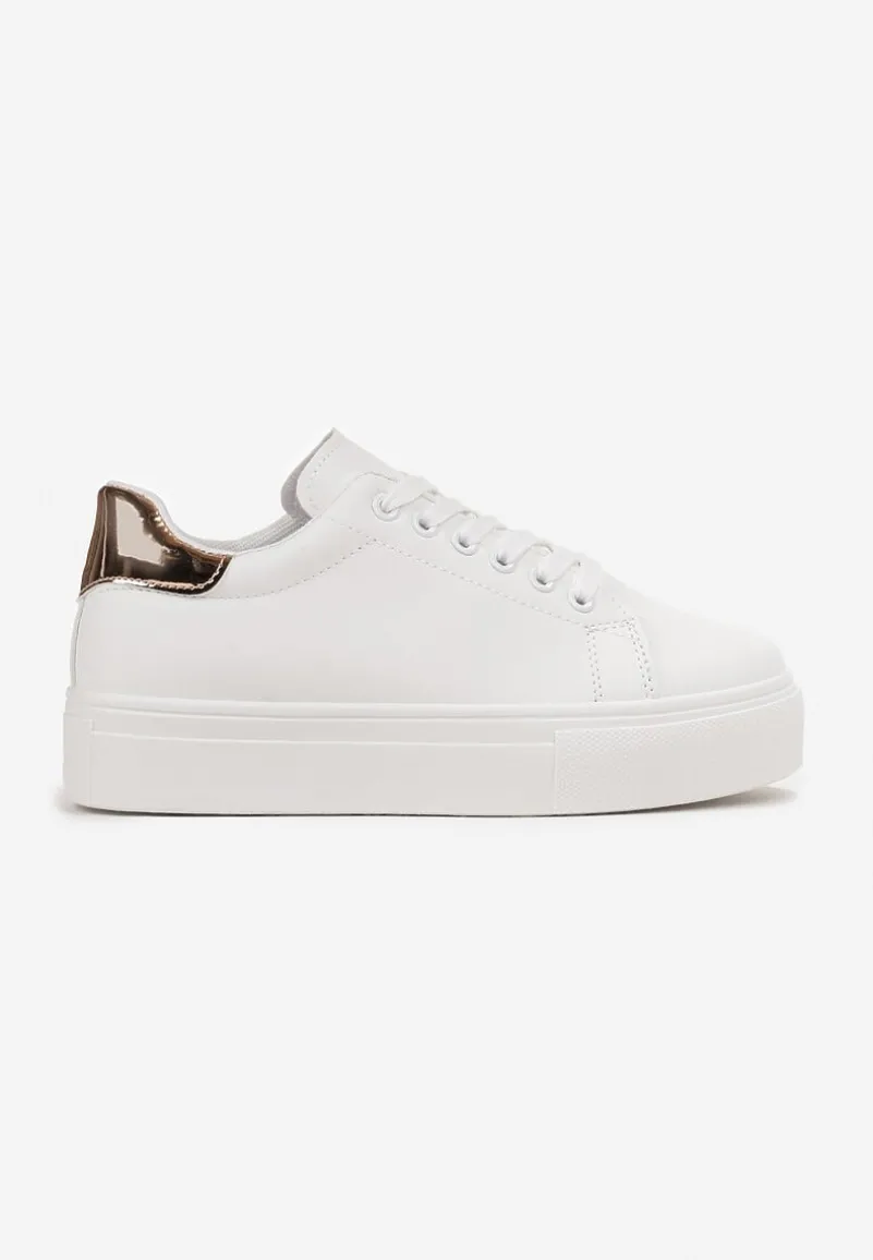Biało-Złote Sznurowane Sneakersy z Cholewką przed Kostkę Narelina