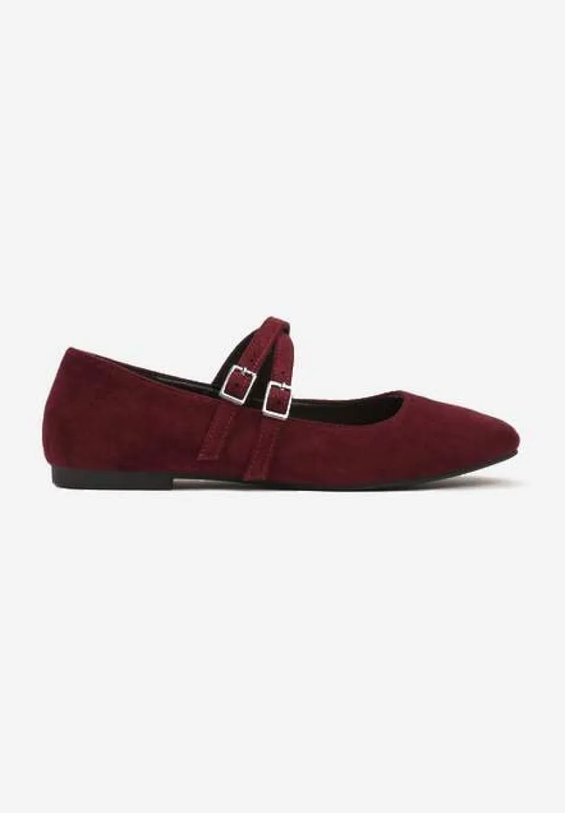 Bordowe Balerinki o Kwadratowym Nosku z Paskami i Eleganckimi Klamerkami Nailan