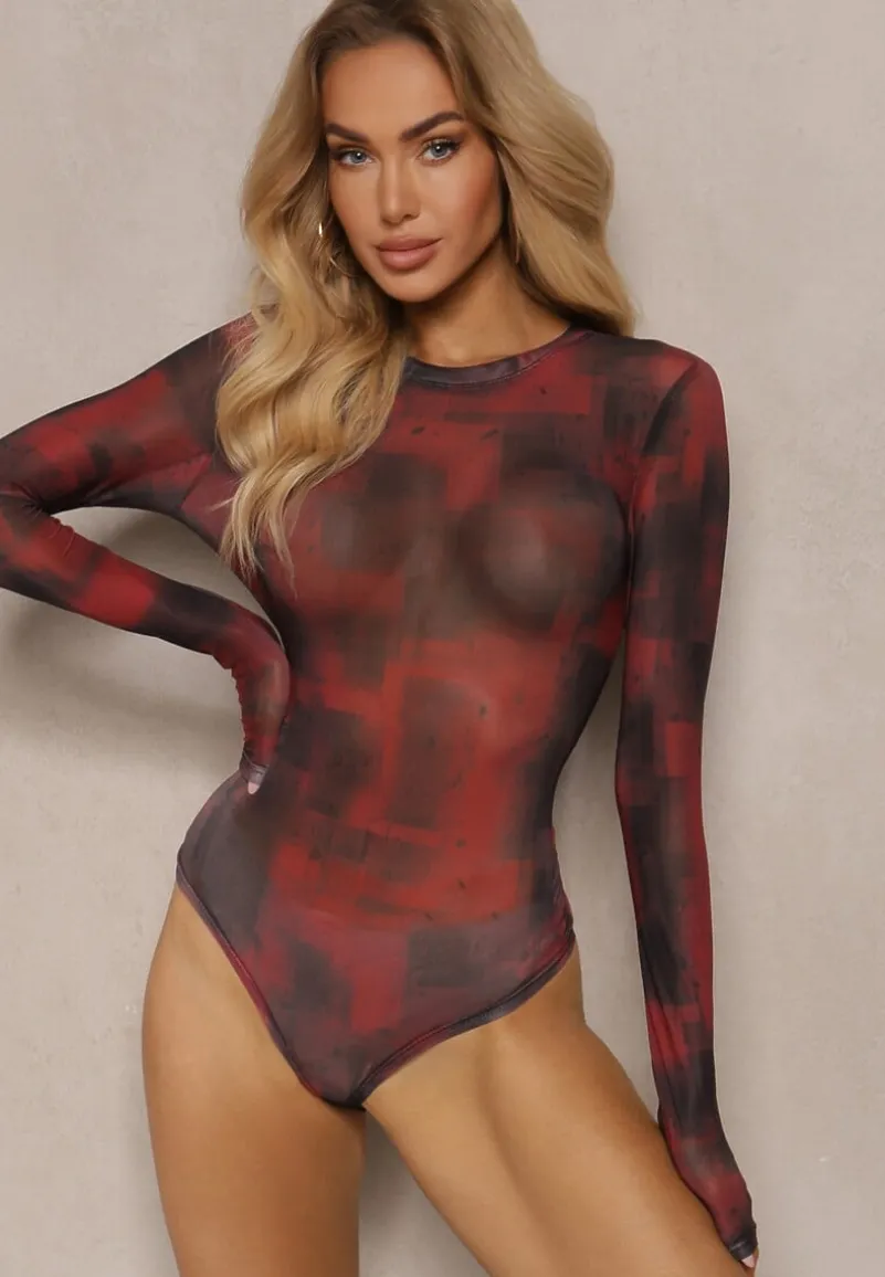 Bordowe Body z Siateczki z Długimi Rękawami i Wzorem Tie-Dye Itavia