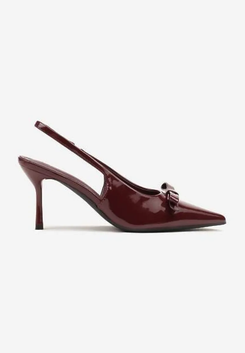 Bordowe Lakierowane Sandały Szpilki Vices Typu Slingback z Kokardą Dorozia