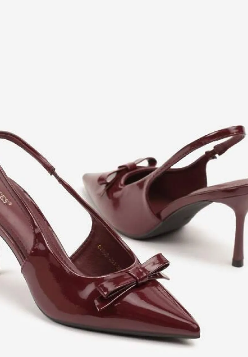 Bordowe Lakierowane Sandały Szpilki Vices Typu Slingback z Kokardą Dorozia
