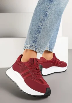 Bordowe Sznurowane Sneakersy Vices na Platformie z Ozdobnymi Paskami Seliniel
