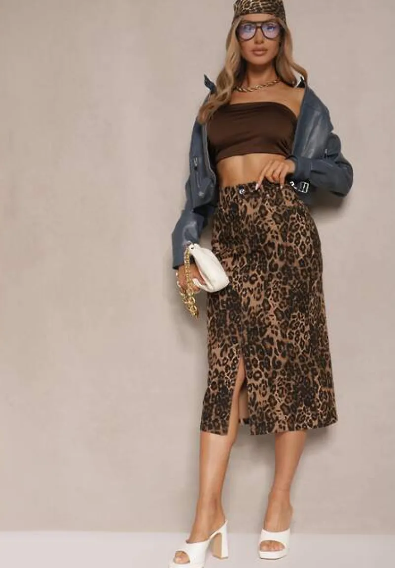 Brązowa Bawełniana Spódnica w Panterkę High Waist z Rozcięciem z Przodu Harilie