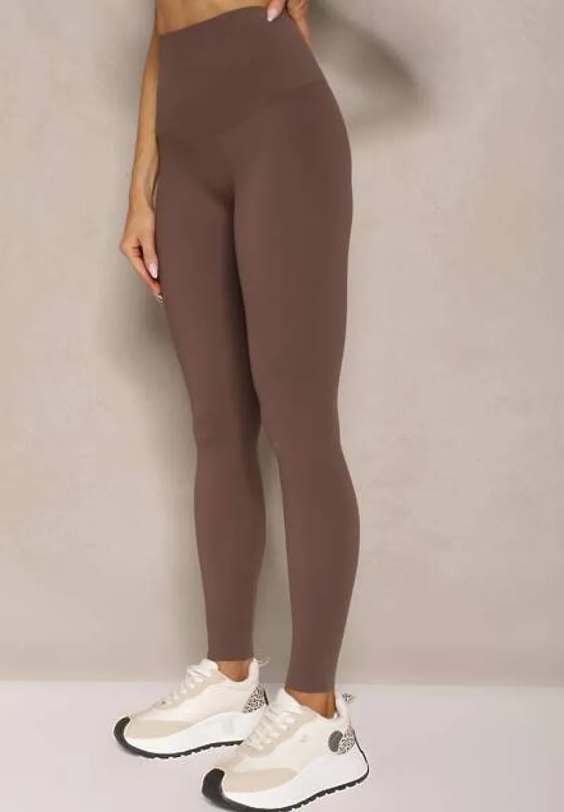 Brązowe Basicowe Legginsy High Waist Tofelia