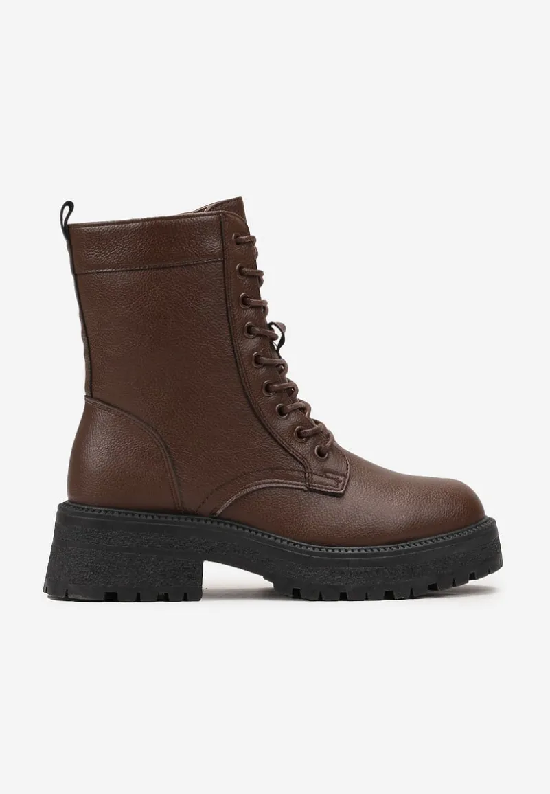 Brązowe Botki Workery na Grubej Podeszwie Fashia