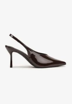 Brązowe Lakierowane Sandały na Szpilce Typu Slingback Addoxie