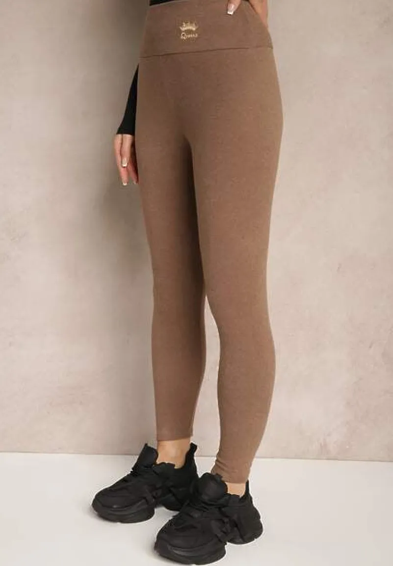 Brązowe Legginsy High Waist Ozdobione Aplikacją Sevirra