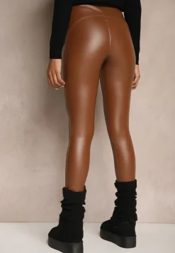 Brązowe Legginsy High Waist z Ociepleniem Faladi