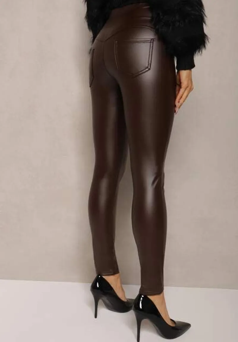 Brązowe Legginsy z Ekoskóry High Waist z Imitacjami Kieszeni Salabria