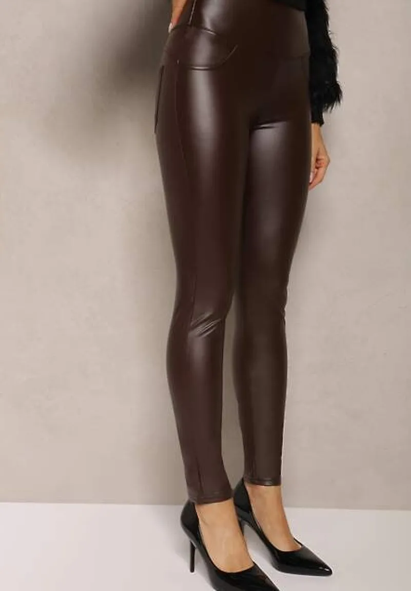 Brązowe Legginsy z Ekoskóry High Waist z Imitacjami Kieszeni Salabria