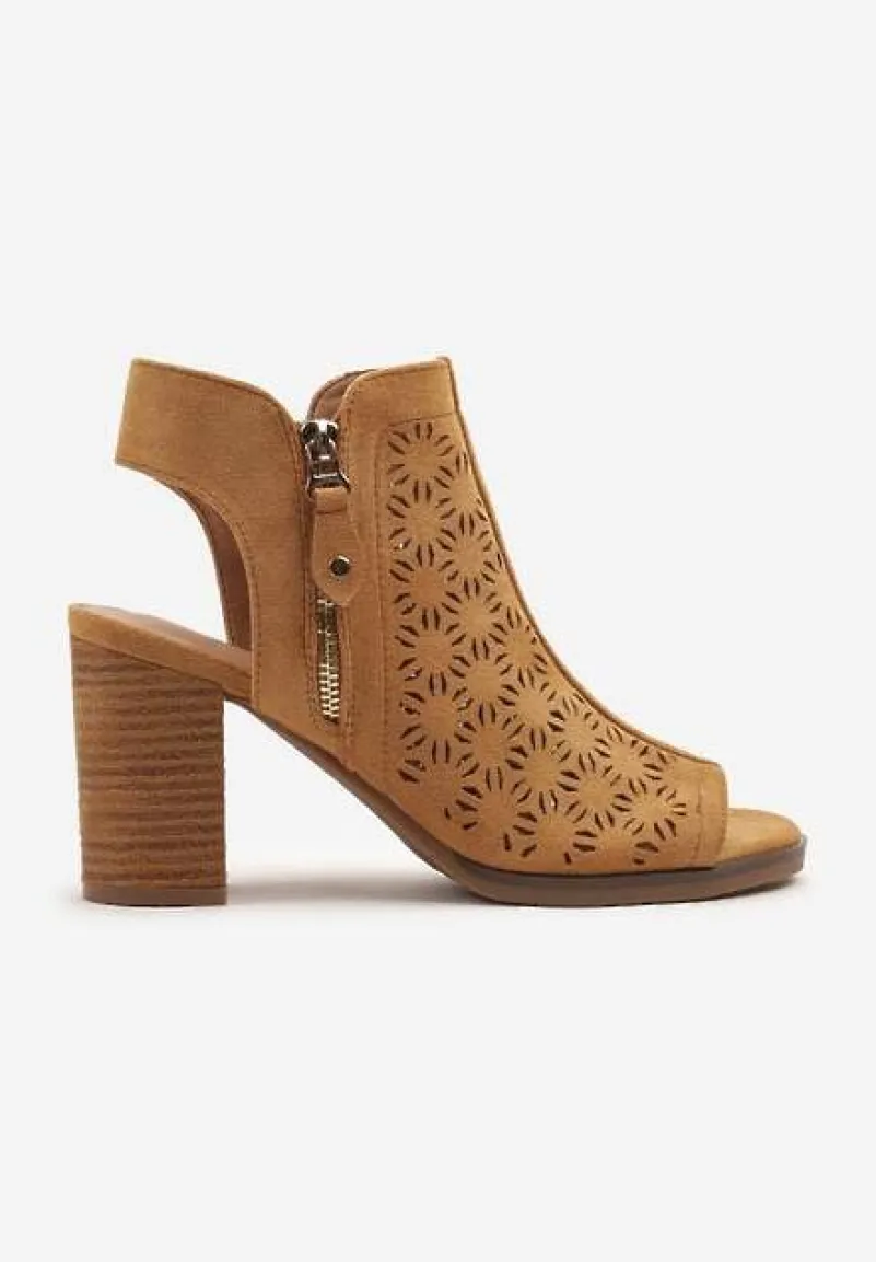 Brązowe Sandały Botki Peep Toe na Obcasie z Ażurową Cholewką Julliane