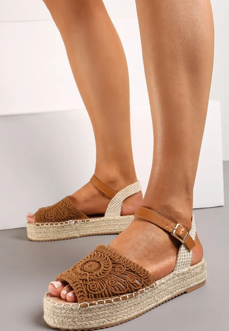 Brązowe Sandały Espadryle z Plecionym Noskiem Peep Toe i Jutową Platformą Drelpa