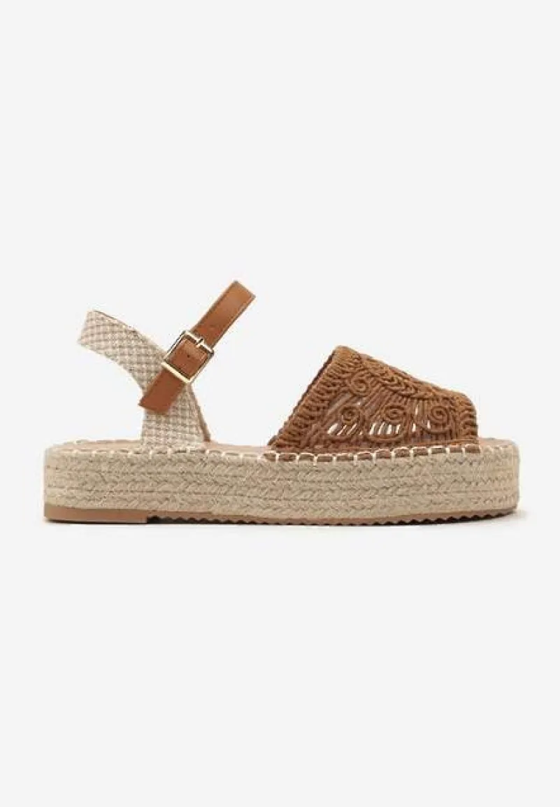 Brązowe Sandały Espadryle z Plecionym Noskiem Peep Toe i Jutową Platformą Drelpa