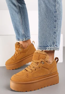 Brązowe Sneakersy Stylizowane na Śniegowce Ozdobione Futerkiem Maviena