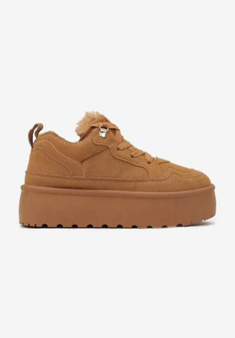 Brązowe Sneakersy Stylizowane na Śniegowce Ozdobione Futerkiem Maviena