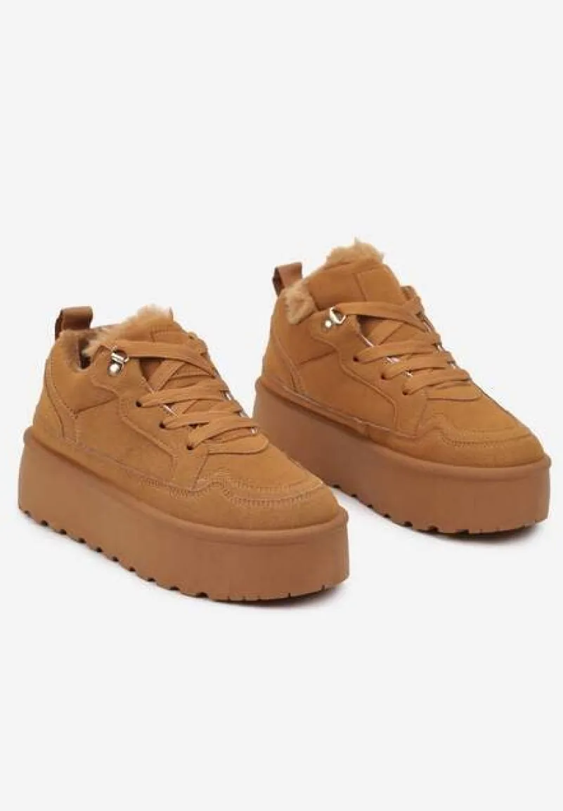 Brązowe Sneakersy Stylizowane na Śniegowce Ozdobione Futerkiem Maviena