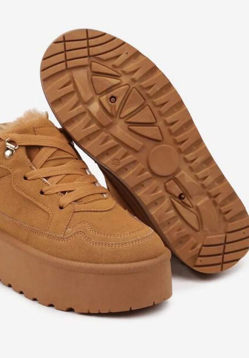 Brązowe Sneakersy Stylizowane na Śniegowce Ozdobione Futerkiem Maviena