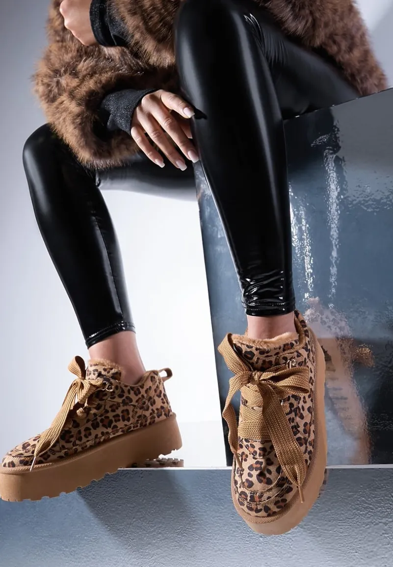 Brązowe Sneakersy Vices Stylizowane na Śniegowce w Panterkę na Platformie Obszyte Futerkiem Naleris