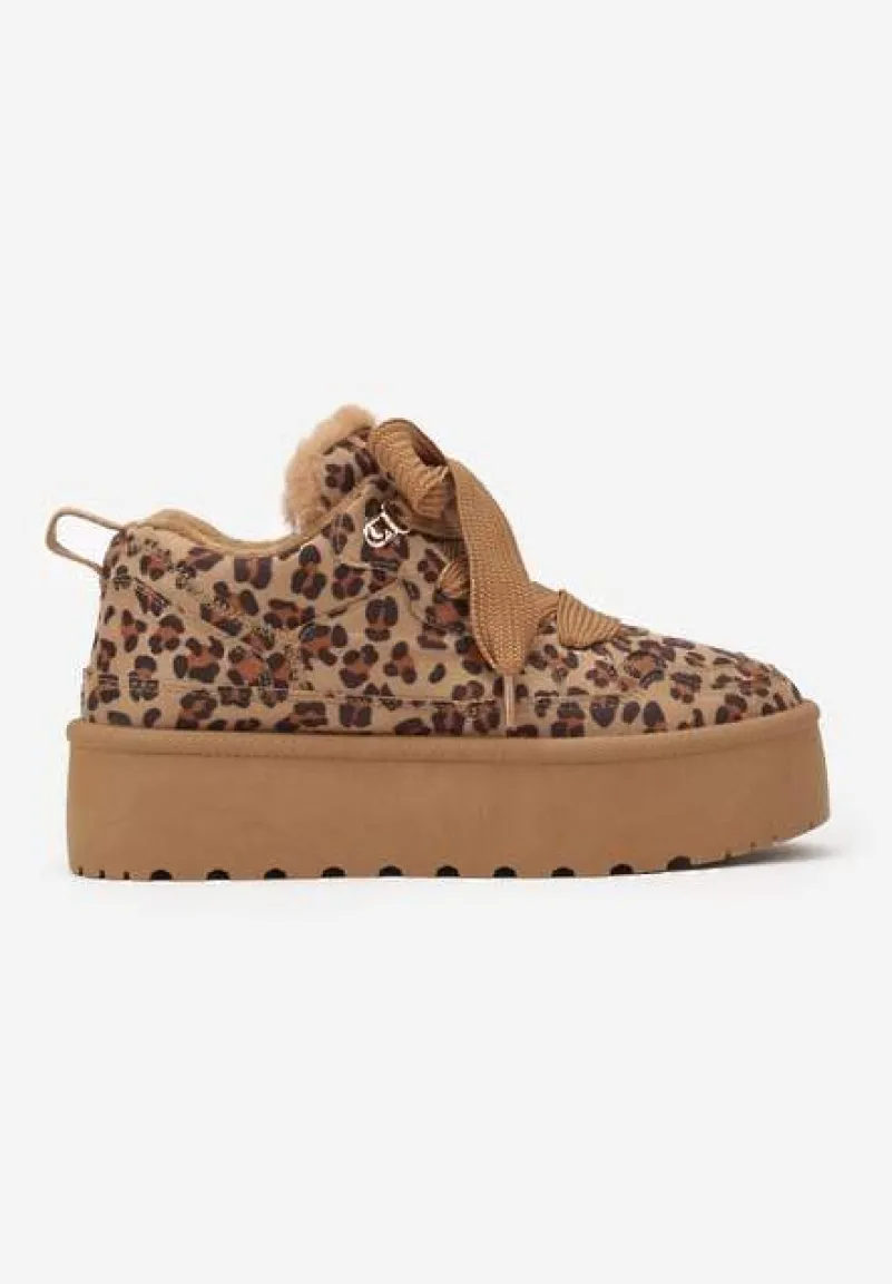 Brązowe Sneakersy Vices Stylizowane na Śniegowce w Panterkę na Platformie Obszyte Futerkiem Naleris