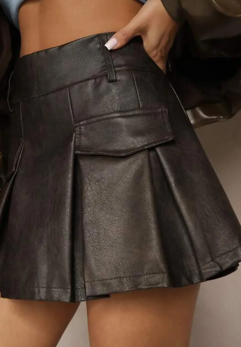 Brązowe Spódnico-Szorty High Waist z Ekoskóry Ozdobione Imitacją Kieszeni Silezi