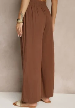 Brązowe Spodnie High Waist Szerokie z Bawełny Wiązane w Pasie z Gumką w Talii Yaslio