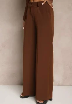 Brązowe Szerokie Spodnie High Waist z Gumką w Pasie Eternel
