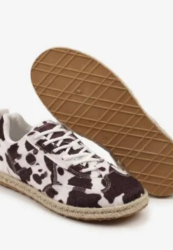 Brązowo-Białe Sneakersy Kultowe Tenisówki ze Wzorem w Łaty z Podeszwą Zdobioną Plecionką Zarorella
